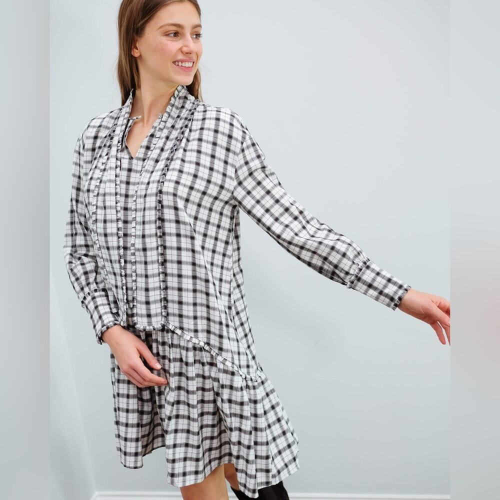 NWOT MUNTHE Tie-neck Ruffled Checked Cotton Dress - Picture 4 of 12